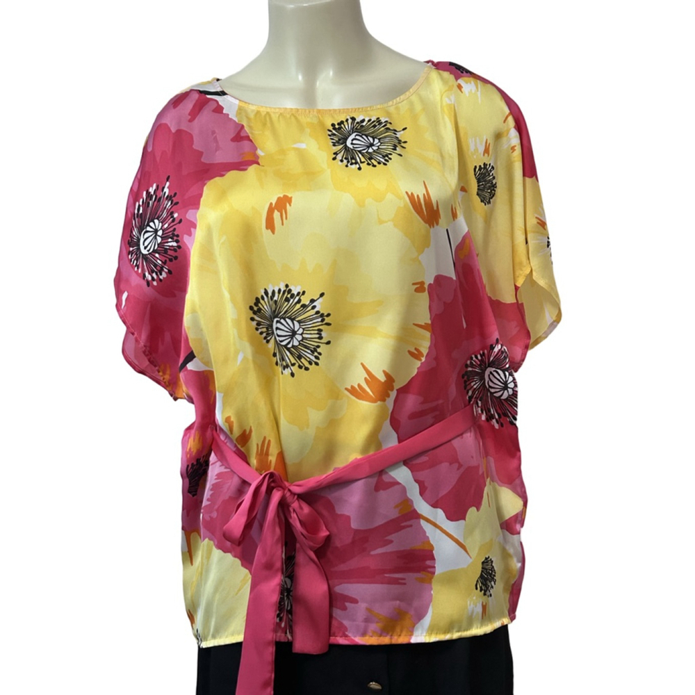 Rafaella Studio Floral Boat-Neck Blouse Pink Yellow Black Size 10